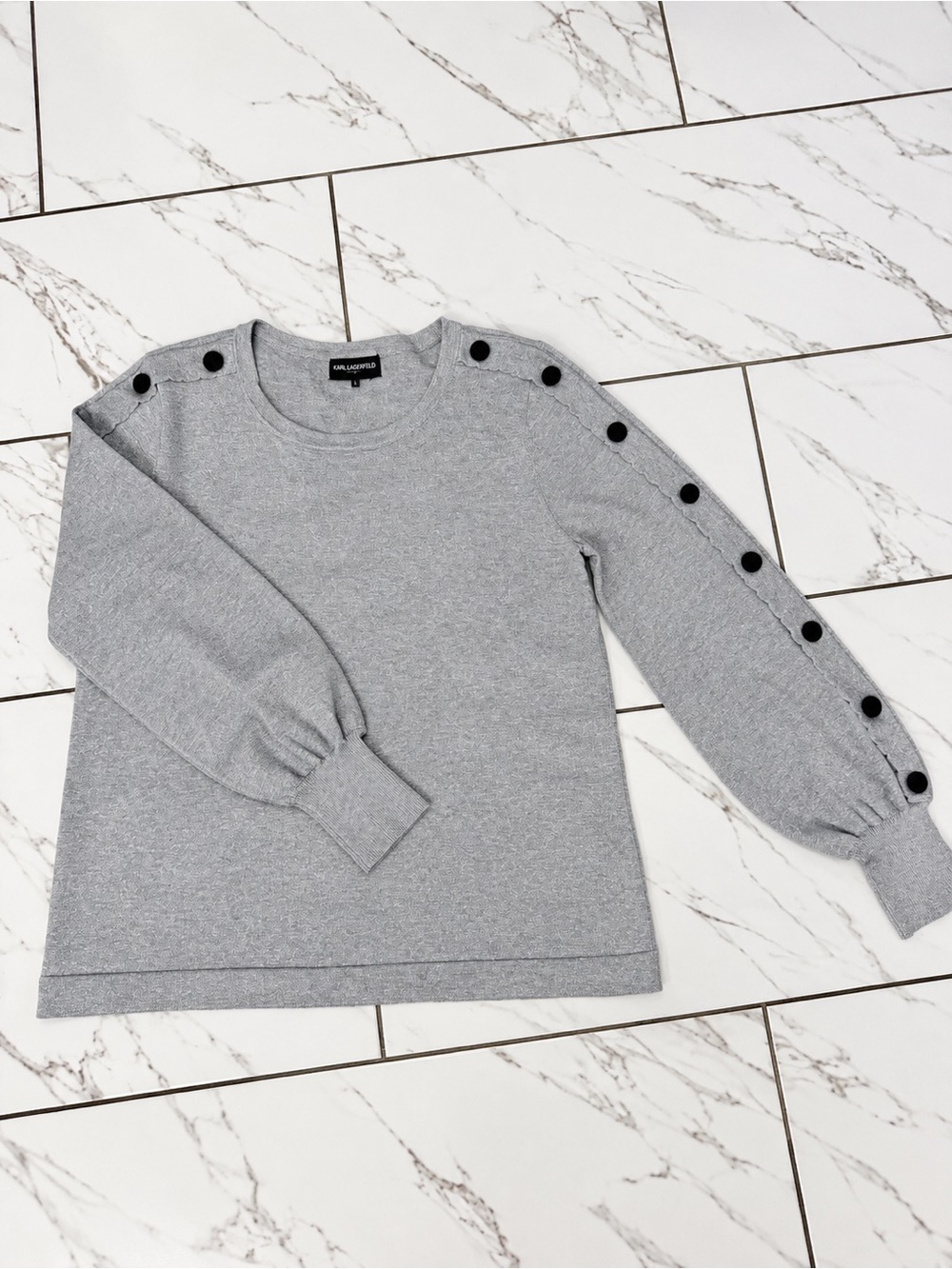 Karl Lagerfeld Light Gray Crewneck Sweater with Black Button Trim